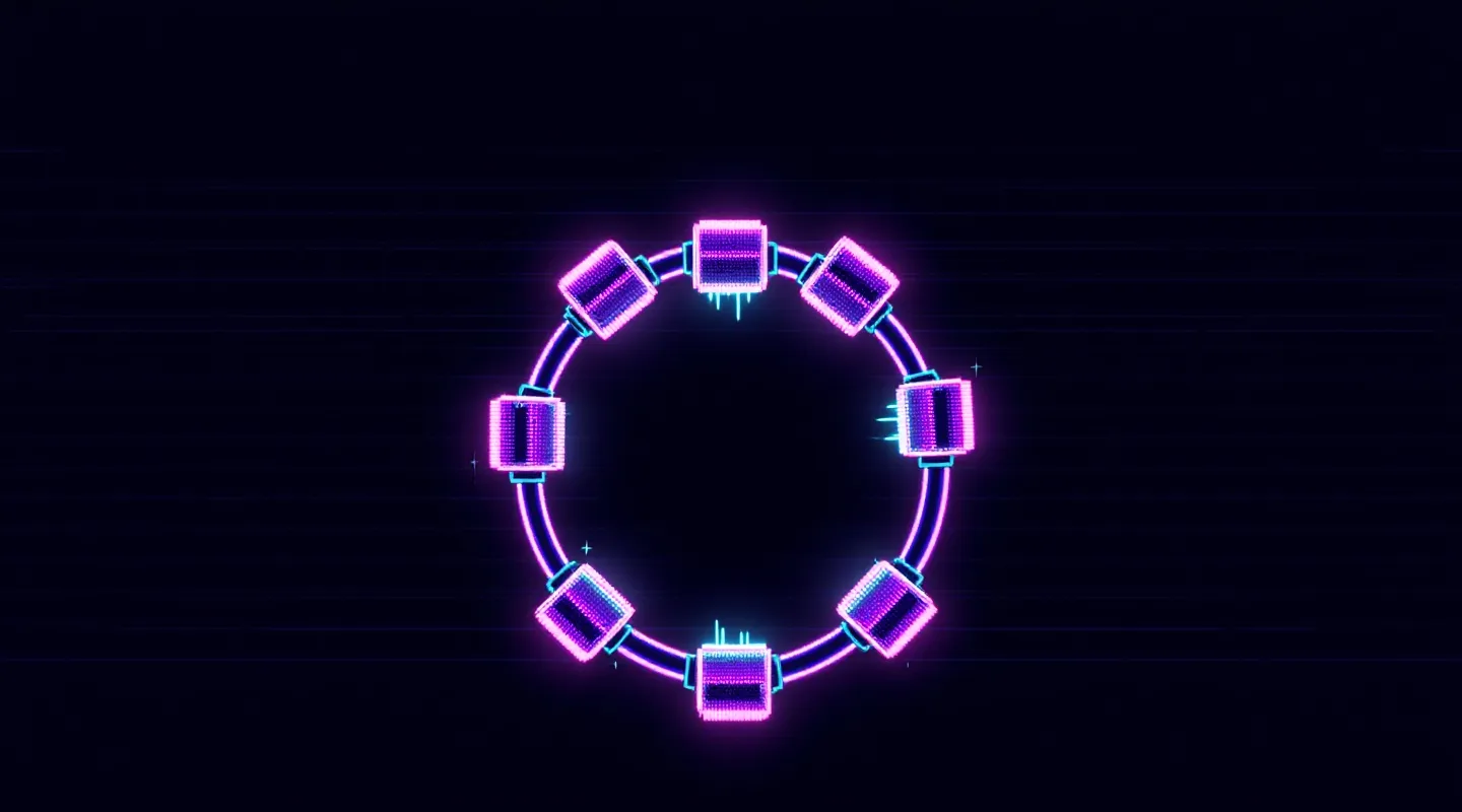 8-bit pixel-art rendering of a cyclic heptapeptide ring in neon magenta with a yellow accent node on a dark CRT background
