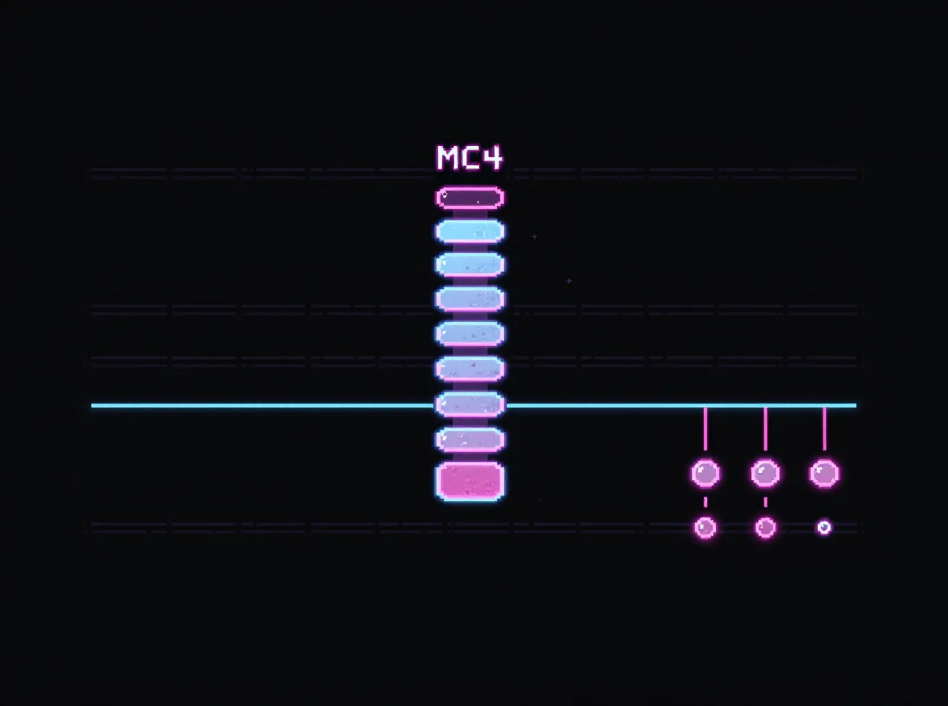 Pixel-art schematic of a melanocortin receptor in cyan with a bound magenta peptide ring and a lime signaling cascade