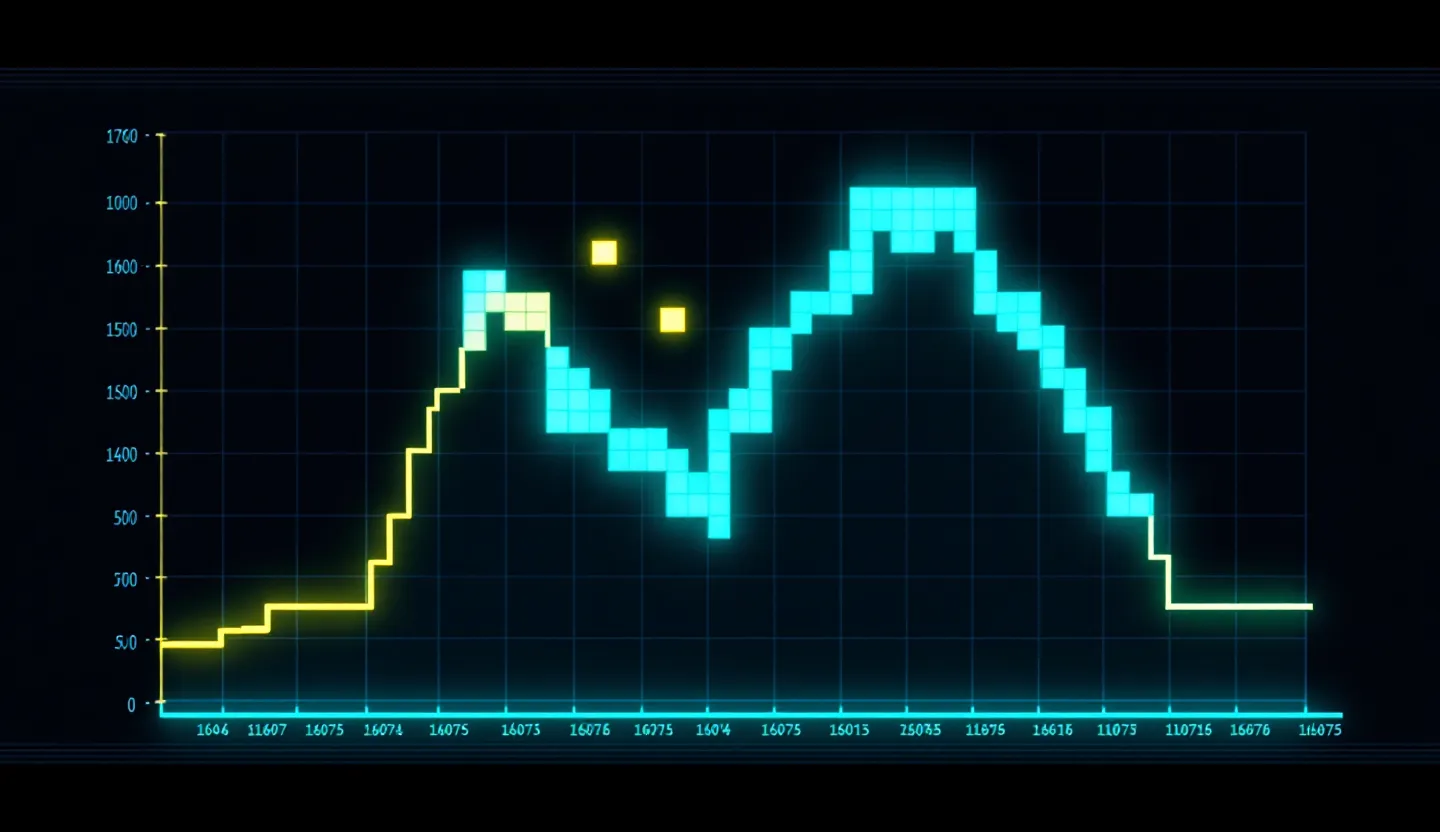 Pixel-art pharmacokinetic curve in cyan with yellow peak and half-life markers on a dark background
