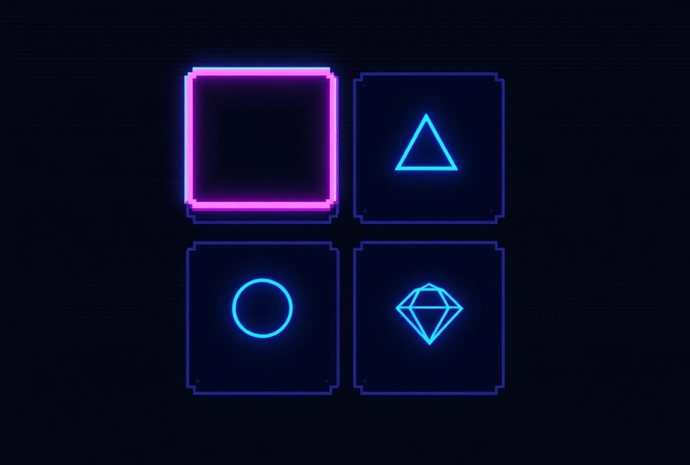 Four pixel-art regulatory tiles in cyan with one magenta-outlined featured tile on a dark background